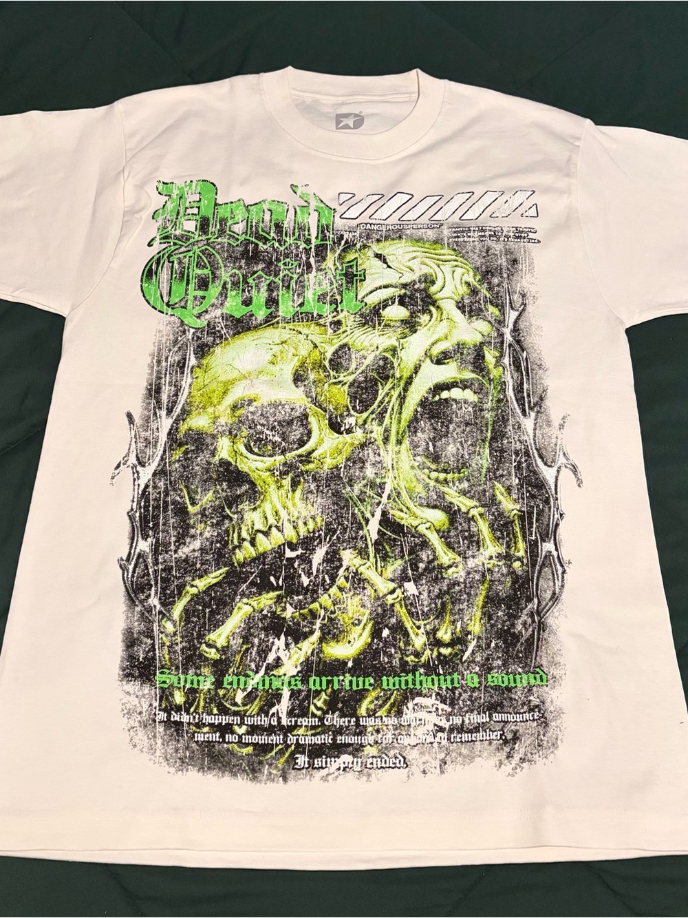 Cream Short-Sleeve Graphic Tee with Neon Green Skull Motif
